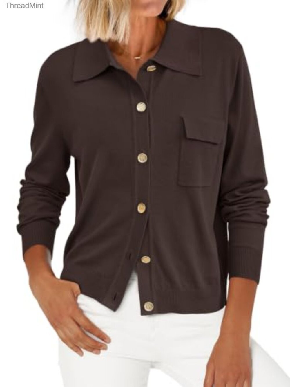 Lightweight Ribbed Knit Button Down Cardigan with Pockets Long Sleeve Women's